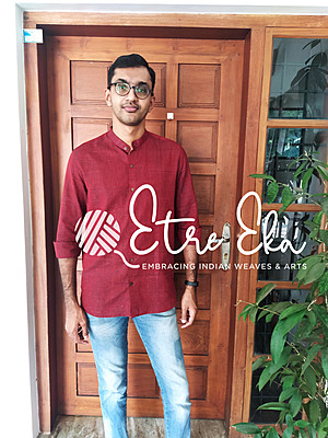 Men's Short Kurta -Maroon Khadi Kurta with Chinese Collar