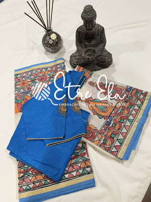 Kerala Set Saree with Gold and Light Blue Border-Madhubani Handpainted Set and Mundu
