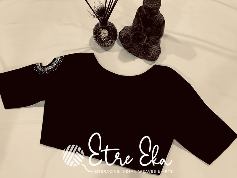 Saree Blouse.Beautiful Slub Cotton Blouse-Black. Boat Neck with Cut Work & Beads work on sleeves. Saree Blouse.Beautiful Slub Cotton Blouse-Black. Boat Neck with Cut Work & Beads work on sleeves.