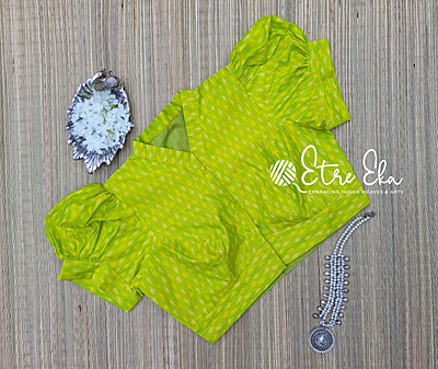 Saree Blouse.Light Green IKKAT Blouse with Puff Sleeves ,V High Neck  and Front Open