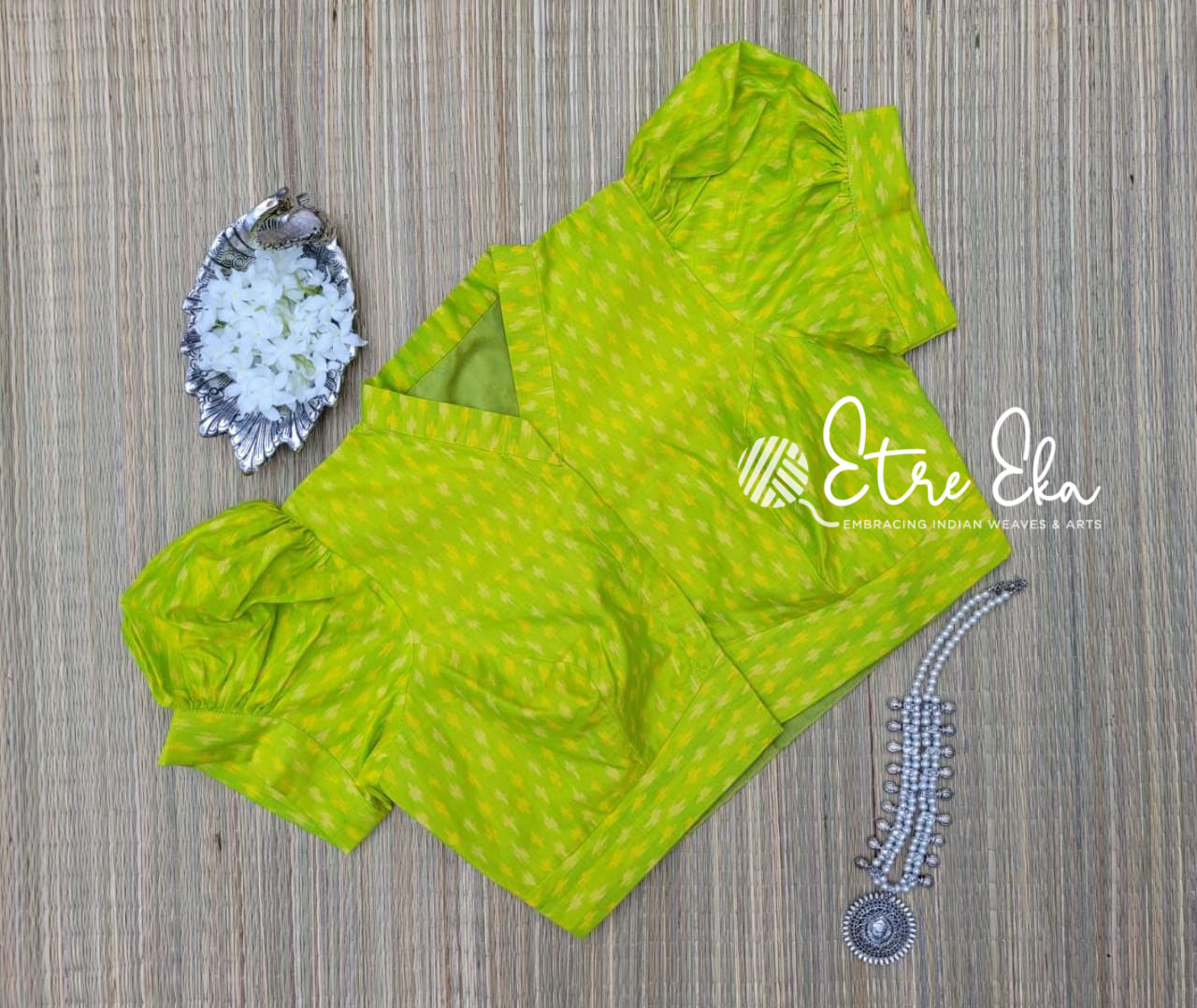 Saree Blouse.Light Green IKKAT Blouse with Puff Sleeves ,V High Neck  and Front Open
