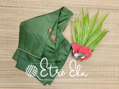Saree Blouse. Tussar Silk Blouse with Golden Piping for Neck and Sleeves, Hand Embroidery on Sleeves