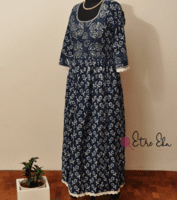 Indigo Hand Block Printed - Leaf Print with Hand Embellishments Indigo Hand Block Printed - Leaf Print with Hand Embellishments