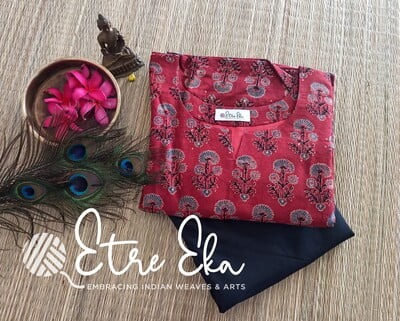 Ajrakh Hand Block Printed with Floral Prints-Red and Blue-Straight Kurti with 3/4th Sleeves