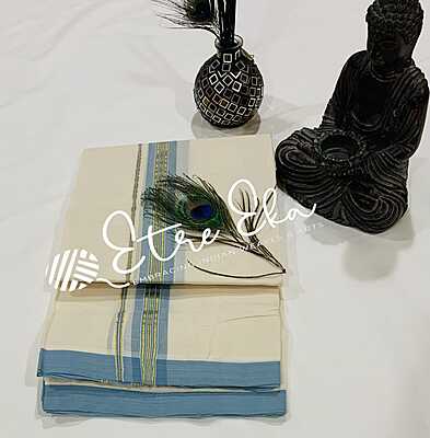 Kerala Handloom Dhoti  from Balaramapuram 100x100 yarn.  Sky Blue and Gold Kara